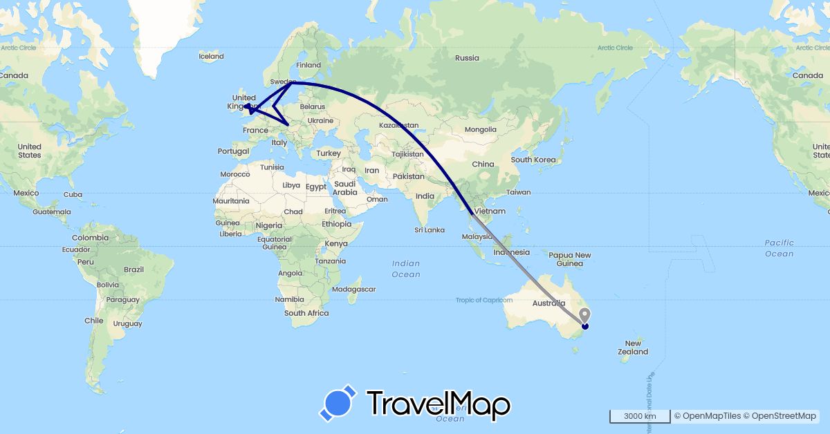 TravelMap itinerary: driving, plane in Austria, Australia, Germany, United Kingdom, Sweden, Thailand (Asia, Europe, Oceania)